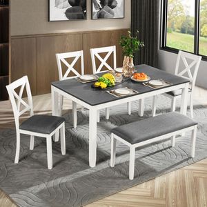 Moderno tavolo da pranzo per 6 persone Set 6 pezzi panca legno sala da pranzo Set in bianco grigio bicolore per uso cucina - Product Image 1