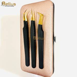 Bellus International Black Gold Diamond Grip Smooth Tip Volume Lash Tweezers Stainless Steel Eyelash Eyebrow Use Custom Logo OEM - Product Image 1