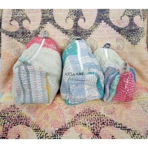 100% Pure Cotton Kantha Fabric Tassel Pattern Zipper Closure Eco-Friendly Durable Large <b>Makeup</b> Bag Pouch Set Soft Handle - Product Image 3