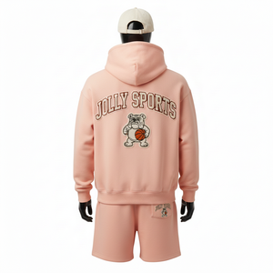 Ensemble sweat-shirt et short pour homme en coton et polyester de qualité supérieure, doux, couleur pêche, avec logo brodé. - Product Image 2