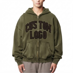 Sweat-shirt à capuche unisexe surdimensionné avec fermeture éclair, imprimé floqué avec strass, logo personnalisé sur le devant, 100% coton French Terry, broderie 3D, décontracté - Product Image 1
