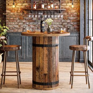 Mesa de Bar Alta de Madera Maciza con Diseño de Barril de Whisky |    Mesa de Bistró Redonda de Estilo Rústico Industrial - Product Image 1