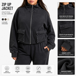 Custom Women Vintage Washed <b>Zip</b> <b>up</b> Hoodie Oversized Regular 100% Cotton Winter Sweatshirt Jacket Streetwear OEM ODM Factory - Product Image 1