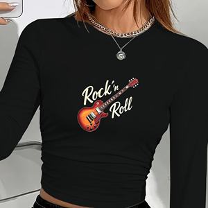 Camiseta de manga larga con cuello redondo para mujer, con estampado de guitarra de rock'n'roll, estilo Y2K, tejida - Product Image 5