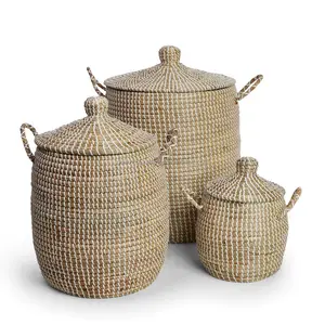 White seagrass storage basket with lid woven basket handcrafted made of eco-friendly materials