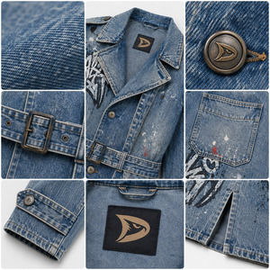 Gabardina de mezclilla con estampado de grafiti y efecto desgastado para hombre, azul medio, larga, con cinturón, estilo Duster, ropa de calle, prenda exterior - Product Image 4