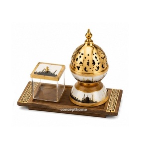 Concepthome Eco-Friendly Brass Incense <b>Burner</b> Wood Base Glass Jar Modern Art Antique Design Hand-Made Religious Diffuser - Product Image 1