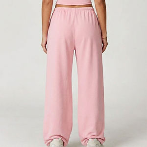 Pantalon large rose pour femme à prix abordable, taille haute, avec cordon de serrage, coupe ample, longueur complète, décontracté, couleur unie, en coton tricoté - Product Image 5