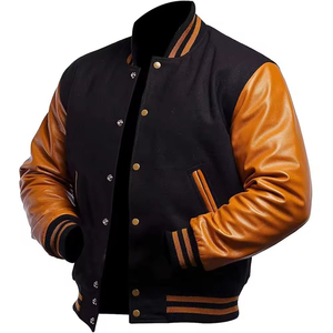 High Quality Wholesale Men's Stand Collar Solid Pattern Finished Custom Varsity Jackets with Embroidered Patches - Product Image 1