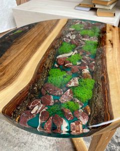 Woodland Cross River Wooden Moss <b>Epoxy</b> <b>Coffee</b> <b>Table</b> Handmade Round Live Edge Luxury Nature Inspired Pebble Art Furniture Design - Product Image 3