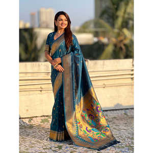 Châle ethnique en denim bleu paon tissé Paithani Zari avec motif indien unique 650g Elite Weaves - Product Image 1