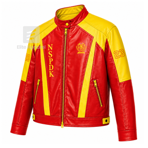 เสื้อแจ็คเก็ตหนัง NSPDK แบบสั่งทำพิเศษ สีแดงและสีทอง ปักโลโก้ สไตล์ลำลองสำหรับผู้หญิง บุด้วยโพลีเอสเตอร์ - Product Image 2
