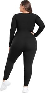 Best Women Seamless Ribbed Full Length <b>Bodysuit</b> <b>Square</b> <b>Neck</b> High Waist Plus Size Activewear Set Black Long Sleeve Stretchy Fit - Product Image 3
