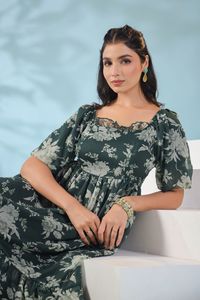 Robe midi évasée à imprimé floral, épaules dénudées, manches courtes et volants, en mousseline, style bohème décontracté pour l'été, pour femme - Product Image 2