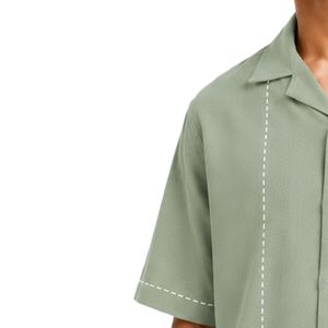 เสื้อเชิ้ตคิวบาคอปกสีเขียวเซจอ่อน แขนสั้น ลายปักดอกไม้สีขาว ผ้าฝ้ายลินิน ติดกระดุม ลำลอง สำหรับฤดูร้อนและชายหาด - Product Image 3