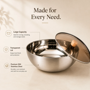 Steel <b>Mixing</b> <b>Bowl</b> With Transparent Lid <b>Large</b> Capacity For Kneading And Storage Minimalist Design - Product Image 1