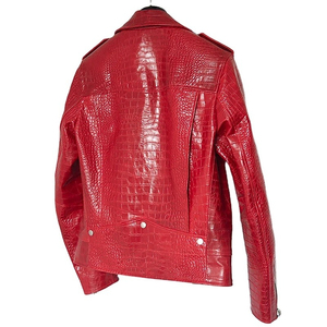 Veste moto en similicuir gaufré rouge, manches longues, fermeture éclair, col rabattu, veste d'automne pour femme - Product Image 2