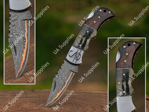 Couteau pliant EDC ergonomique en corne de cerf et bois de rose, acier Damas cuivré, 1 lame, facile à transporter, OEM DIY, pour voyage, randonnée, pêche - Product Image 3