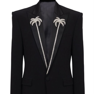 Tuxedo Blazer With <b>Silver</b> Beaded Palm Tree Embroidery Men Formal Suit <b>Jacket</b> Satin Lapel Evening Party Wear Tailored Outerwear - Product Image 1