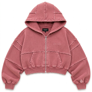VOCKSIN Women's Oversized Cropped <b>Zipper</b> Hoodie Jogger Set Breathable Heavyweight French Terry Cotton Vintage Acid Wash Winter - Product Image 6