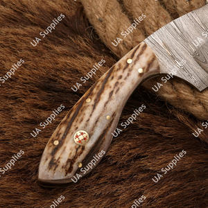 Couteau de chasse et de pêche EDC à lame fixe en acier Damas forgé à la main, avec poignée en corne de cerf et étui en cuir - Product Image 6