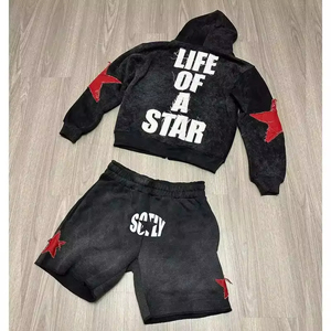 Ensemble streetwear tendance : sweat à capuche en coton délavé et vieilli, pantalon baggy oversize, broderie, impression en relief et strass - Product Image 3