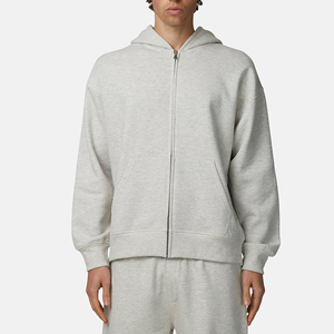 <b>Men's</b> Oversized Hooded Zip-Up Sweatshirt Solid Gray Cotton French Terry Casual Autumn Fit Regular Sleeve - Product Image 1