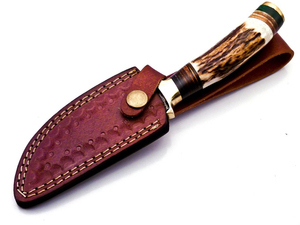 Hunting & <b>Camping</b> Multi-Function Damascus Steel Partially Serrated Skinner Knife with Stag Antler Handle and Leather Sheath - Product Image 2