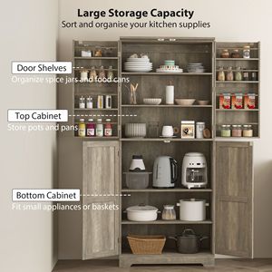 Armadio dispensa da cucina stile rustico alto 183 cm con 4 ante scorrevoli e 8 ripiani regolabili, finitura grigio anticato con stile legno MDF e materiale in alluminio - Product Image 4