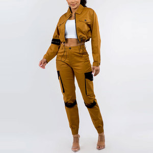 Wholesale <b>Women</b> Outfits Two Piece Sets Cargo Pants Cropped Fashion <b>Jackets</b> Denim Long Pants Trousers Tracksuits Sets - Product Image 4