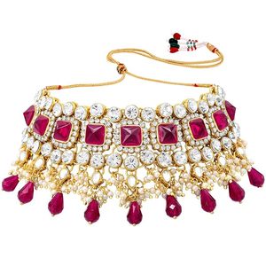 Conjunto de Collar, Pendientes y Diadema con Diseño de Flores Chapadas en Oro de 24K, Borlas de Perlas de Imitación, Piedras Rojas, Joyería para Mujer - Product Image 3