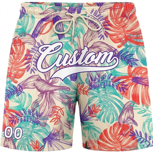 Shorts de bain personnalisés pour hommes, imprimé floral, taille à cordon de serrage, séchage rapide, style décontracté, longueur courte, tissu polyester - Product Image 1