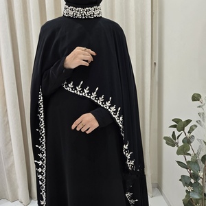 Abaya élégante et modeste islamique, respirante, à séchage rapide, faite à la main, noire perlée, en polyester uni, pour l'Aïd et le Ramadan, coupe ample, manches longues, col montant - Product Image 1