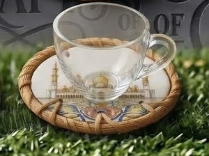 Round <b>Bamboo</b> Coaster With Mosque Design Handmade Oriental Table <b>Mat</b> Decorative Drink Pad - Product Image 3