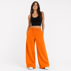 Women Fleece Wide Leg <b>Pants</b> Mid Waist <b>Loose</b> Fit Flat Front Casual Full Length Sweatpants with Pockets Winter Orange - Product Image 1