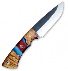 Couteau utilitaire d'extérieur en acier carbone fait main avec manche en bois de burl et résine bleue - Product Image 2