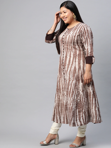 Kurta Anarkali en coton tie-dye marron, grande taille, col rond, manches trois quarts, coupe décontractée, tenue de tous les jours pour femmes - Product Image 3