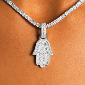 Luxury <b>Iced</b> <b>Out</b> Hamsa Hand Pendant Necklace |Palm Protection Pendant | Hip Hop Tennis <b>Chain</b> Jewelry - Product Image 1