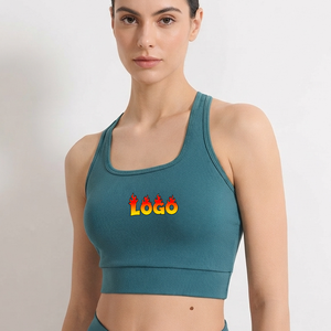 Soutien-gorge de sport côtelé pour femme à maintien élevé, dos nageur, couleur unie, logo frontal, respirant, en Spandex et Polyester, avec coussinets amovibles - Product Image 4