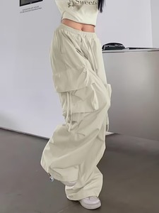 Spring/Summer Trendy Cargo Pants Loose Fit <b>Elastic</b> Waistband Large Pockets Tie-<b>String</b> Accents - Product Image 4