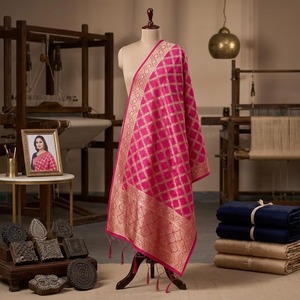 Handmade Rani Pink Art Silk Jacquard Dupatta Stoles <b>Golden</b> Floral Borders Tassels Zari Jaal Grid Banarasi Wedding Gift Birthday - Product Image 4
