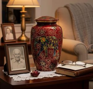 Handmade Ceramic Teardrop Urn <b>Red</b> With Elephant Floral Design Durable Pet Casket Memorial <b>Vase</b> - Product Image 1