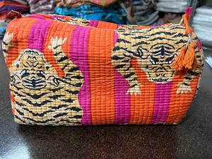 Block Printed Toiletry Makeup Pouch Set Quilted Cotton Zipper Bags with Tassel Accents for Travel Personal Care Storage - Product Image 3