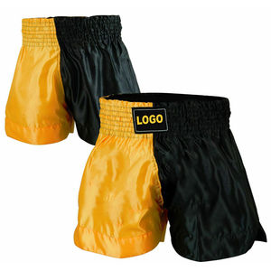 Pantalones Cortos de Boxeo Negros y Amarillos para Hombre con Logotipo Frontal Personalizado, Pantalones Cortos de Tela de Poliéster Elástica de Color Sólido - Product Image 1