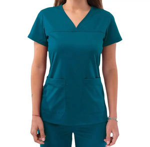 Women's Green V-Neck <b>Scrub</b> <b>Top</b> With Pockets Hospital Uniform Stretch Cotton Polyester Blend Woven Fabric - Product Image 5