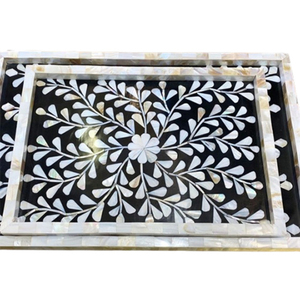 Handmade Mother Of Pearl Inlay Round <b>Serving</b> <b>Tray</b> <b>Black</b> Floral Pattern Bone Inlay Decorative <b>Tray</b> For Coffee Table Home Kitchen - Product Image 3