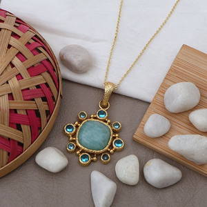Natural Amazonite And Swiss Blue Topaz <b>Necklace</b> Green Gemstone Pendant <b>Necklace</b> <b>Statement</b> Charms Wholesale Jewelry Supplier - Product Image 3