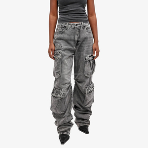 Custom Logo <b>Baggy</b> Loose <b>Cargo</b> Jeans for <b>Women</b> 100% Cotton Distressed Washed Denim <b>Pants</b> with Multi Pockets Plus Size - Product Image 2