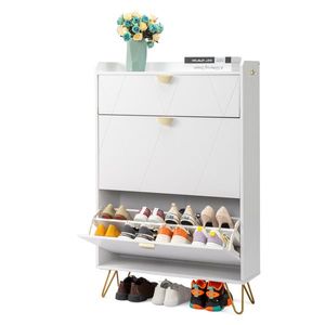 FCH White Particle Board Shoe Cabinet 80*24*120cm V Shaped Carved Door Panel with 2 Top Flip Drawers and Gold Accent - Product Image 4