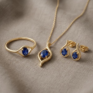 18K Gold Natural Blue Sapphire Jewelry Set Elegant <b>Ring</b> Pendant <b>Necklace</b> Stud Earrings Fine Jewelry - Product Image 2